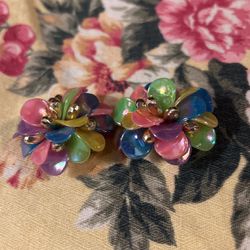 Rainbow Colored Flower Petals Clip On Earrings 