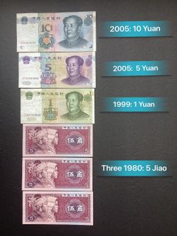 6 Chinese Banknotes 1980 to 2005, Four Different Denominations