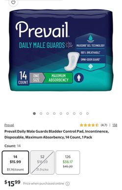 Prevail Daily Male Guards Bladder Control Pad, Incontinence, Disposable, Maximum Absorbency, 14 Count