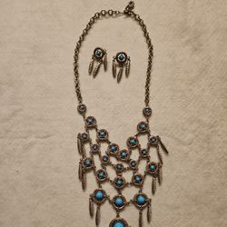 Vintage Silverstone & Turquoise like Bib Necklace & Earrings 