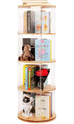 Rotating 4-Tier Wood and Clear Acrylic Bookshelf