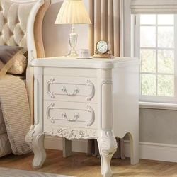 New assembled White Nightstand End Table with 2 Drawers, Carved Bedside Tables, Side Table for Bedroom, Living Room, Classic Bedroom Furniture, Night 
