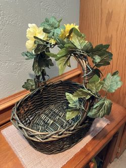 Decorative Dark Green Wicker Basket w/yellow flowers & greenery