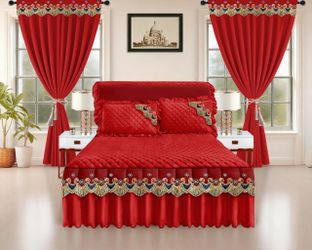5 pc quilt bed skirt set with ruffled lace trim and luxury embroidery complete with matching curtain