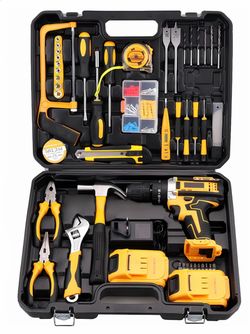 Power Tools,Cordless Electric Drill,128 Pcs Charged Drill Kit,Two Li-Ion Batteries and Fast Charger, 3/8"Power Drill Kit,25+3 Position Clutch,LED Work