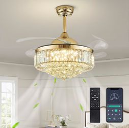 New 42"Crystal Fandelier Gold Ceiling Fan with Lights Chandelier Fan Dimmable Reversible Retractable