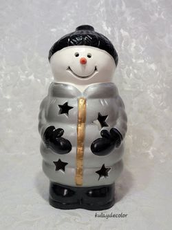 Large Handpainted Talavera Mexican Pottery Snowman Luminary 14.5” Candle Holder