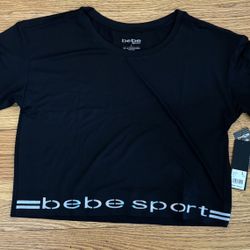 bebe sport Athletic Tee Women’s Large Black /White Cropped Shirt Logo Casual New