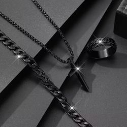 Men's 3pcs Fashion Alloy Jewelry Set - Cross Pendant Necklace, Bracelet & Ring C