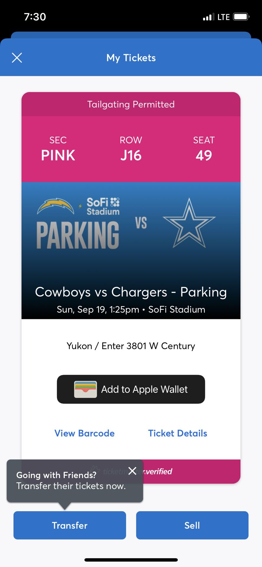 Tailgating (Pink) Pass - Cowboys v Chargers 9/19