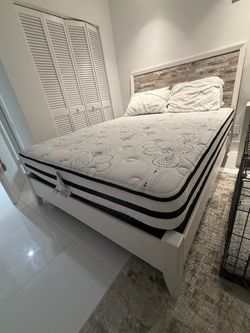 White Bed Frame with Rustic Wood Headboard, Mattress, Box Spring. All like new!