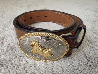 3D Belt Co Boys Western Tooled Leather Belt Size 24 Bull Rider Rodeo Buckle
