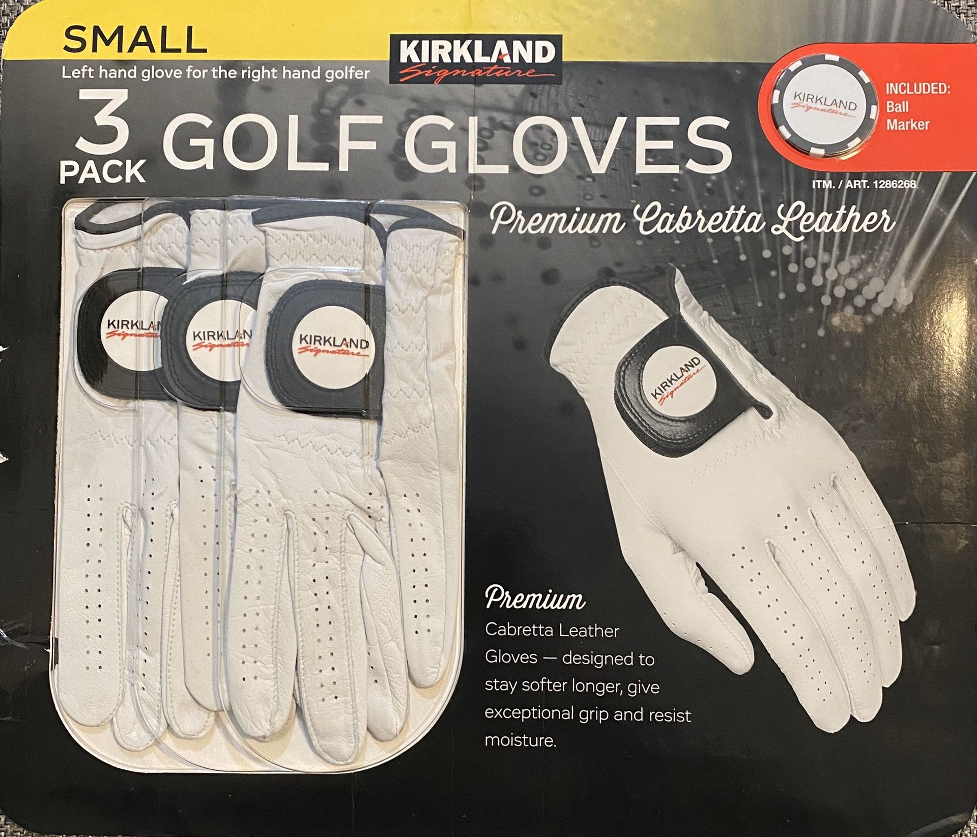 Kirkland Signature Golf Gloves Prem. Cabretta Leather 3Pack-Small New . Package.Condition: Open Box / Unused Have a wonderful day and Thank you for y