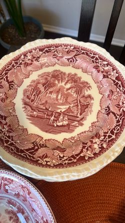 Vintage Royal Tudor Ware "Coaching Taverns" dinner set in red transferware, produced in England.