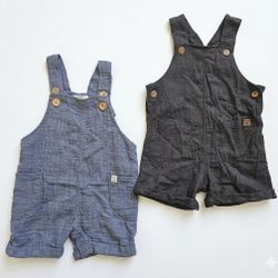 Little Planet Cotton Chambray Short Overalls x2- sz 6M in Dusty Blue & Charcoal