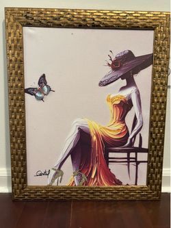 Large Framed Wall Art Canvas – Elegant Woman with Gold Frame