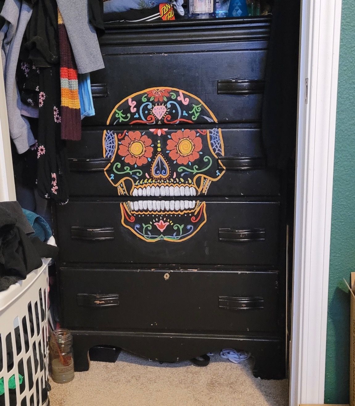 Painted Sugar Skull Wood Dresser