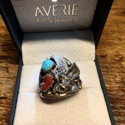 Genuine Navajo Artist Hand Crafted Sterling Silver Eagle Ring w/ Turquoise & Red Coral Size 11