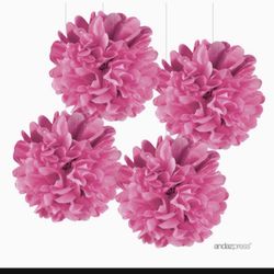 Large Tissue Paper Pom Poms Hanging Decorations, Fuchsia, 14-inch, 4-Pac