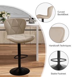 Nalupatio Modern Bar Stools Set of 3, Adjustable Faux Leather Upholstered Swivel Bar Stools, Counter Bar Chairs with Back for Kitchen Island, Khaki ( 