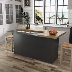 Kitchen Island Dining Bar Table With Table Top, Shelves, Door Cabinets, black $299