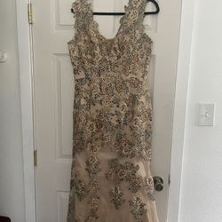 Beige and Gold Formal Mermaid Gown 