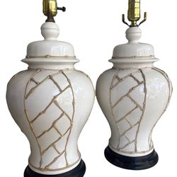 PAIR of Vintage Porcelain Bamboo Motif Ginger Jar Lamps