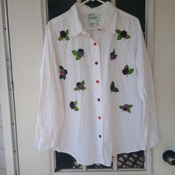 The Quaker Factory L white shirt sequins lady bug woman’s shirt jacket 