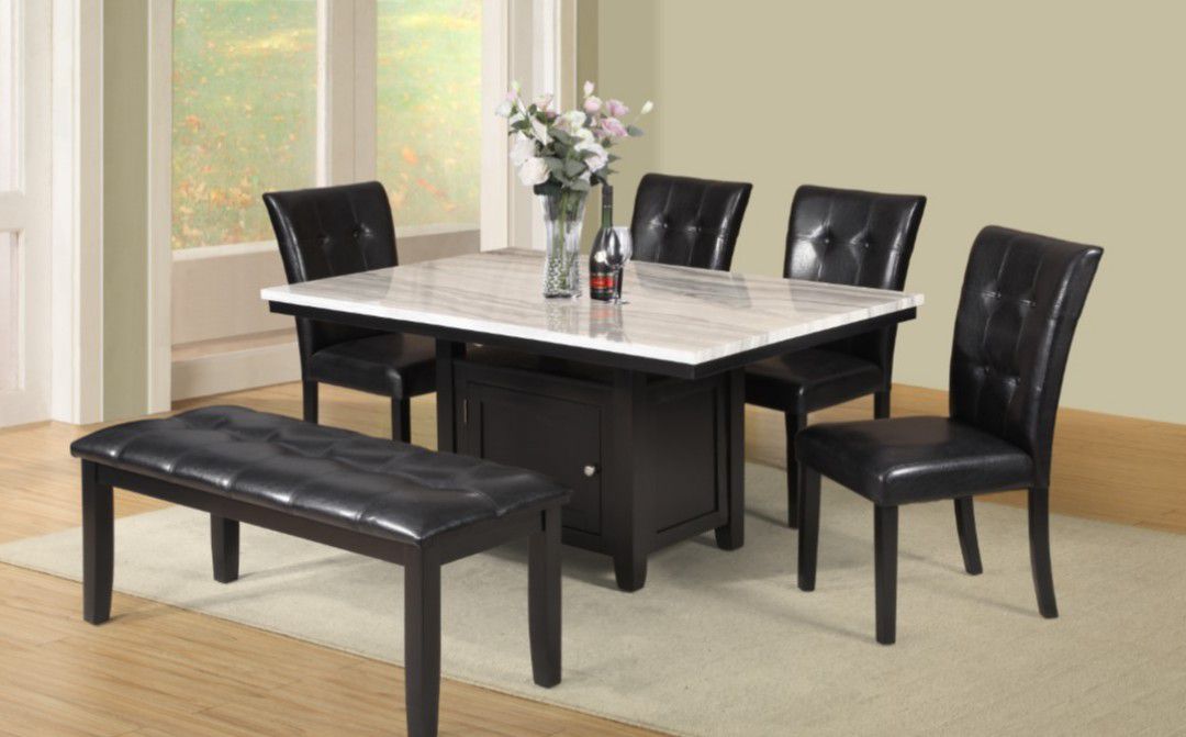 6pc Dining table W/ Faux Marble Top & Storage Base Black Finish