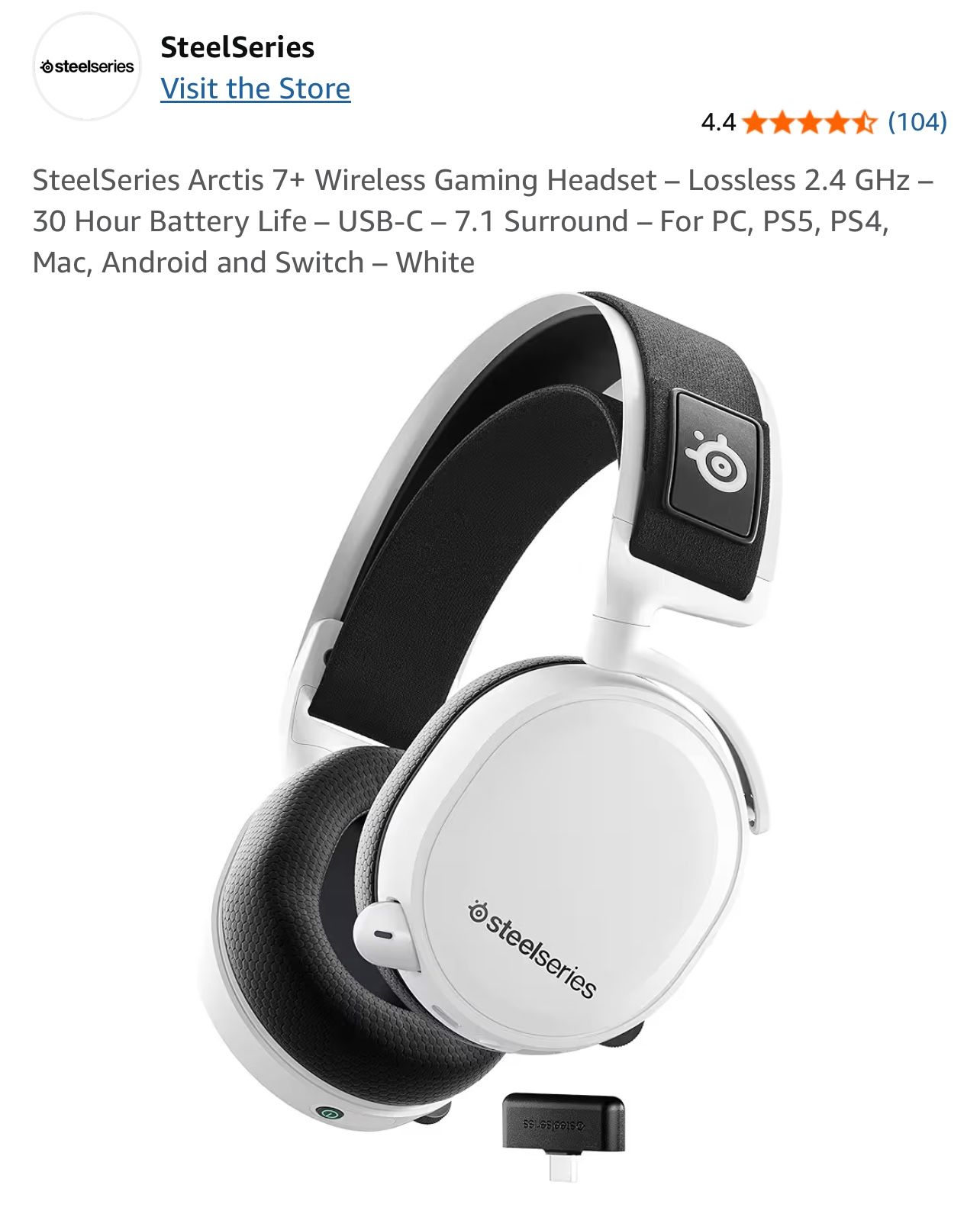 SteelSeries Arctis 7+ Wireless Gaming Headset - Lossless 2.4 GHz - 30 Hour Battery Life - USB-C - 7.1 Surround - For PC, PS5, PS4, Mac, Android and Sw
