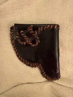 Hand made pew pew holder black leather with brown suede stitching