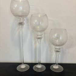 Set of 3 Long stem globe crackle glass candle holders