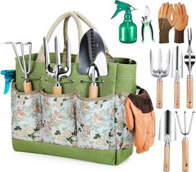 Grenebo Gardening Tools 9-Piece Heavy Duty Garden Hand Tools with Fashion and Durable Garden Tools Organizer Handbag, Rust-Proof Garden Tool Set, Idea