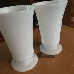 2 7.75” tall E.O. Brody milk glass ribbed vases made in Cleveland stamped bottoms