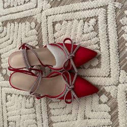 Red Satin With Rhinestone Heels 