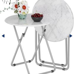 (2) Fleecy day Round Folding Table, White Marble, 17.7"D x 17.7"W x 25.6"H