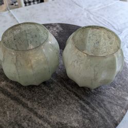 Aqua Green Glass Candle Holders & Gold Candles