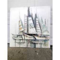 Original Vintage Abstract Painting Sailboats MCM Style Minimalist Canvas Signed