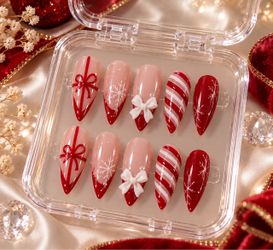 Christmas Press On Nails – Red & White 3D Bow Holiday Nail Art