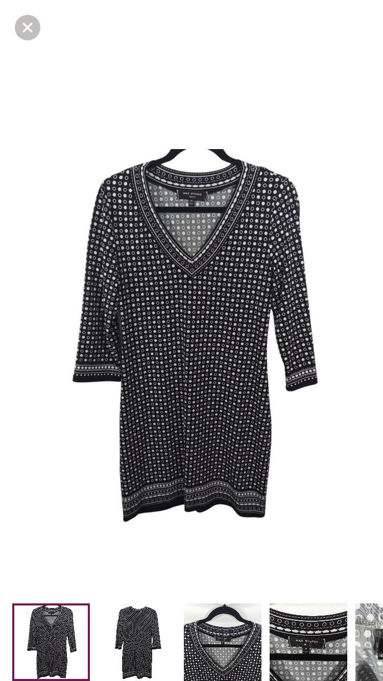 Max Studio Womens Shift Dress Size M Black polka Dot Long Sleeve V Neck