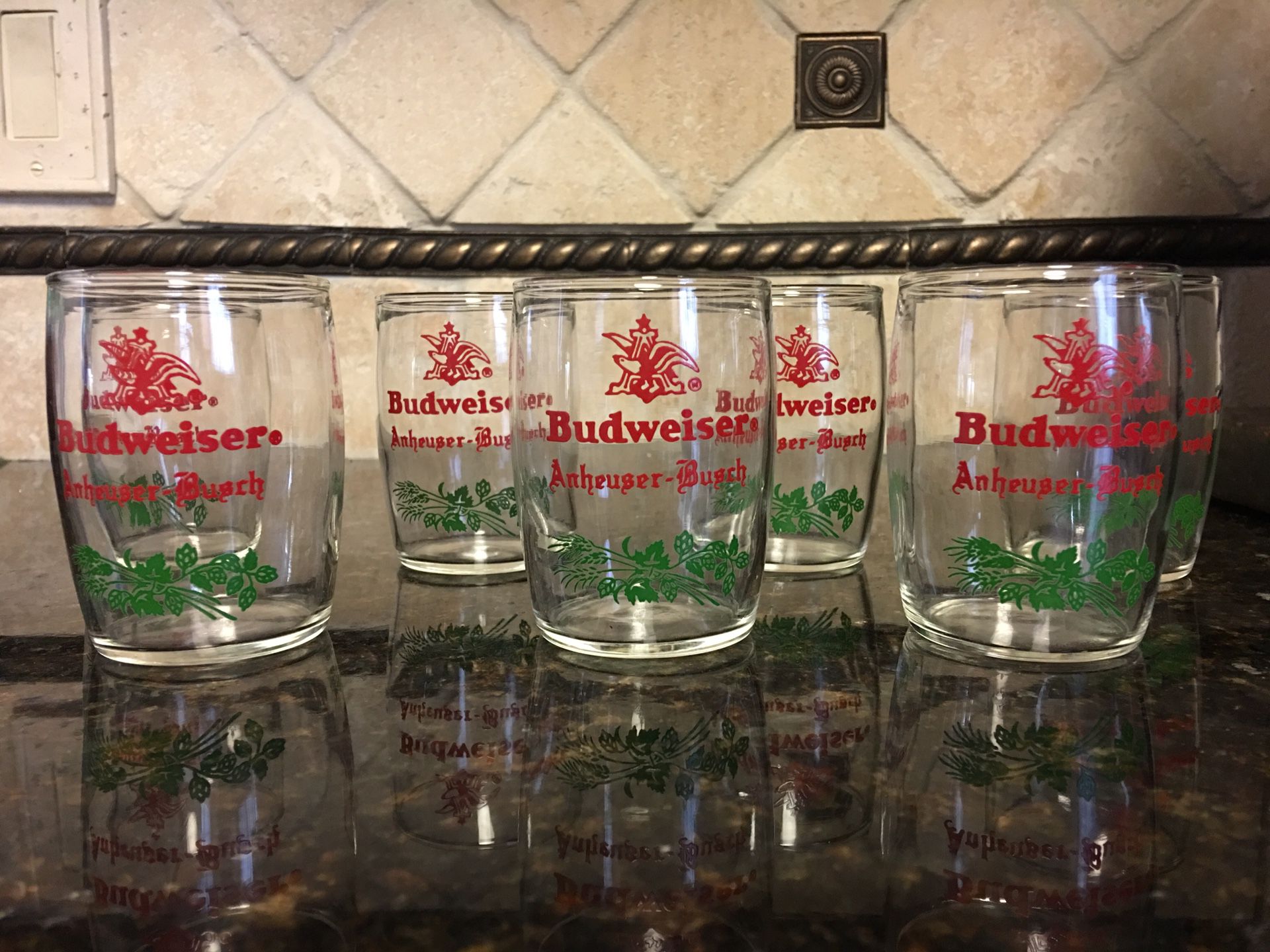 Vintage Set of Seven Budweiser Anheuser-Bush 4 oz Mini Beer Barrel Tasting Glasses