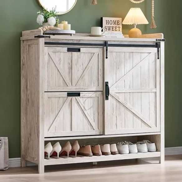 Shoe Cabinet Storage with 2 Flip Drawers & Sliding Door, 4-Tier Adjustable Shelves, Farmhouse Shoe Organizer for Entryway,