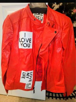 Peace Love World Red Faux Leather Moto Jacket with Graphic Patches Size Small