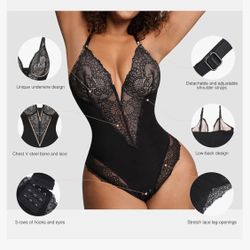 Popilush Lace Shapewear Bodysuit Tummy Control Corset Tops V Neck Sleeveless Backless Body Suit Thongs
