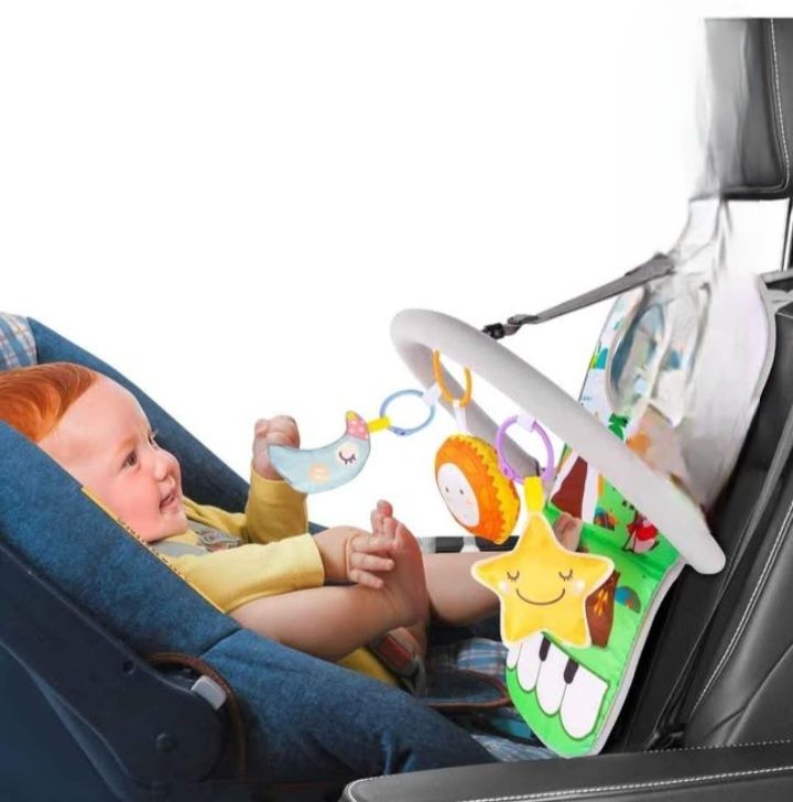 UNIH Car Seat Toys for Baby Infant 6 Months and Up, Adjustable with Baby Mirror and Hanging Squeaky Sensory Soft Toys 6 to 12 Months (with Music)