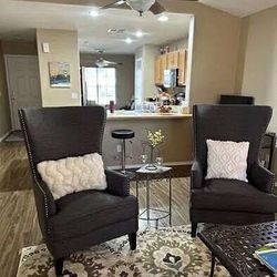 Two Beautiful Gray Wingback Accent Chairs