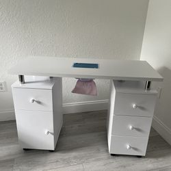 Manicure Table Nail Desk for Nail Tech w/Electric Dust Collector & White Chair 