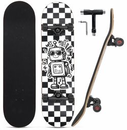 Complete Skateboard with Robot Checkered Graphic