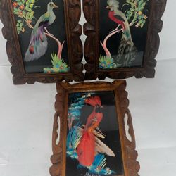 Antique Grouping MEXICAN Feather Art Birds in Hand Carved Wooden Frames! $40 For All 3