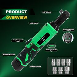 NEW Cordless Electric Ratchet Wrench Set, 3/8" 12V Power Ratchet Tool Kit - 2000mAh Battery